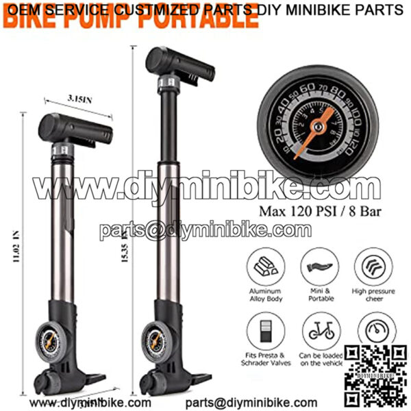 Mini Bike Pump with Pressure Gauge - Presta & Schrader Bike Tire Pump - 120 PSI Portable Bicycle Air Pump for Road & Mountain Bike - Image 3