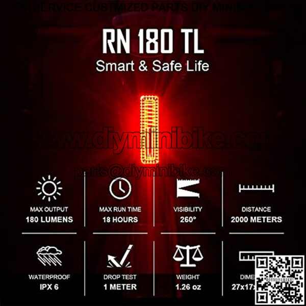 RN 180 Smart Bike Tail Light 180 Lumens Break Sensing Rear Light 260?? Visibility USB Rechargeable Waterproof Bicycle Taillight 8 Modes Fit All Bicycles for Road Cycling, Commuting - Image 2