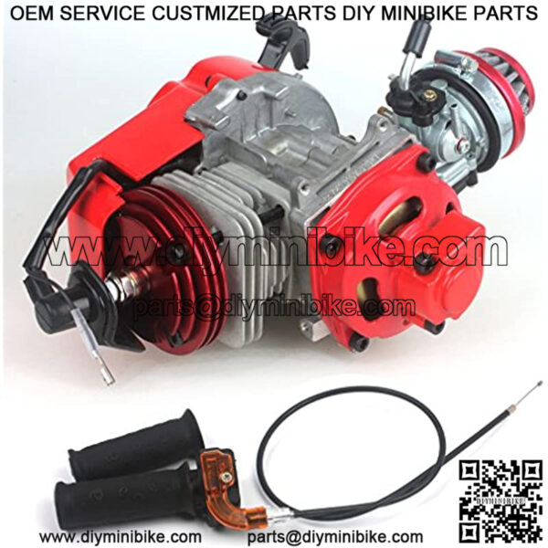 49cc 52cc Big Bore Pocket Bike Engine with Performance Cylinder CEngine Cover Racing Carburetor DIY Engine Red + Handle Grip + Throttle Cable