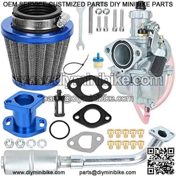 VM22 Carburetor Intake Manifold Air Filter Exhaust Pipe Muffler Jet Kit Blue for Predator 212cc 196cc 6.5hp TrailMaster Baja MB200 CT200U RB200 GX160 GX200 Moto Mini Bike Go Kart Engine Parts