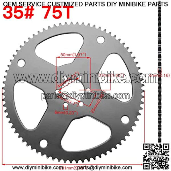 75 Tooth #35 Chian Rear Wheel Driven Sprockt with 140L Chain Master Link for Motovox Mbx10 MBX11 Coleman CT100U Trail 100 Baja Doodle Bug DB30 RT100 MM-B80 Mini Bike CK100 SK100 Go Kart Parts - Image 3