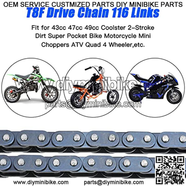 T8F Drive Chain 116 Links for 43cc 47cc 49cc 2-Stroke SSR SX50 Holeshot Coolster SYX Goped MotoTec APC Mini Chopper Super Pocket Dirt Bike 4 Wheeler ATV Quad Scooter Kid Mini Moto Heavy Duty - Image 2