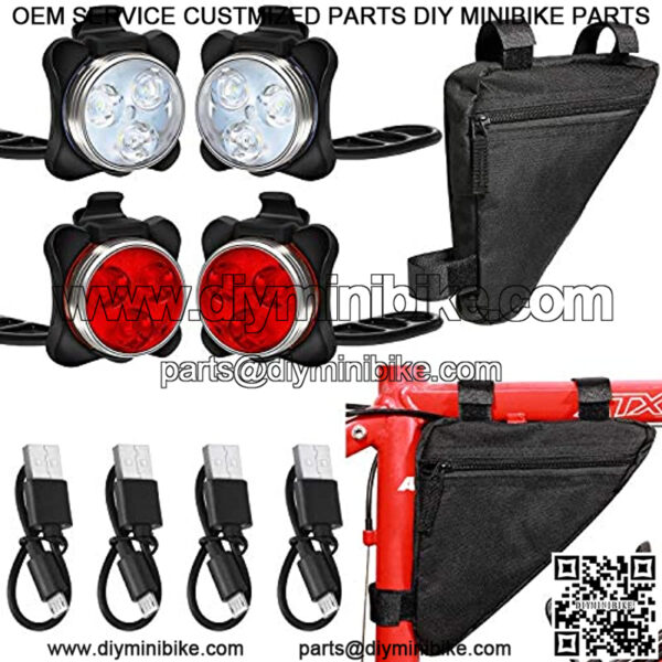 4 Pieces USB Rechargeable Bike Light Bike Headlight and Taillight Front and Rear Bicycle Light and 1 Piece Bike Storage Bag Waterproof Triangle Saddle Frame Pouch for Cycling (Black Bag)