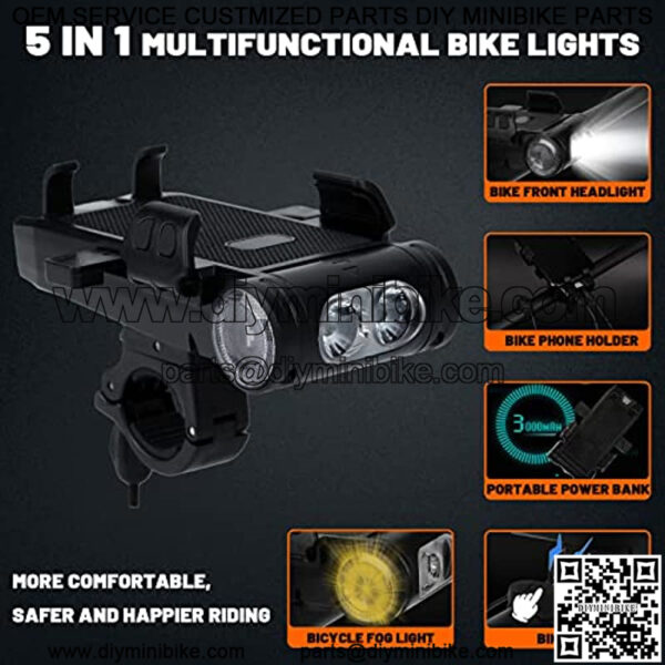 5 in 1 Bike Lights 3500mAh Front Headlight with Bike Phone Mount USB Rechargeable Waterproof Bright Bicycle Lights with Power Bank,Horn,Fog Light for Night Riding - Image 2