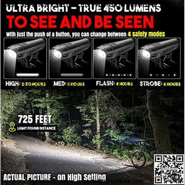 Gator 450 Lumens Bike Lights Front and Back Set, Headlight and Tail Rear Light, USB Rechargeable Bicycle Lamp, Waterproof, LED Safety Flashlight Cycling Accessories, Fits Adult Kids MTB Helmet - Image 5