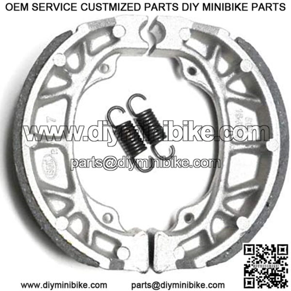 Brake Shoe Pad Set with springs and Coleman Mini Bikes, Jonway, Peace, Tao Tao Scooters. The outside diameter of these brake shoes is 105mm (4-1/8").