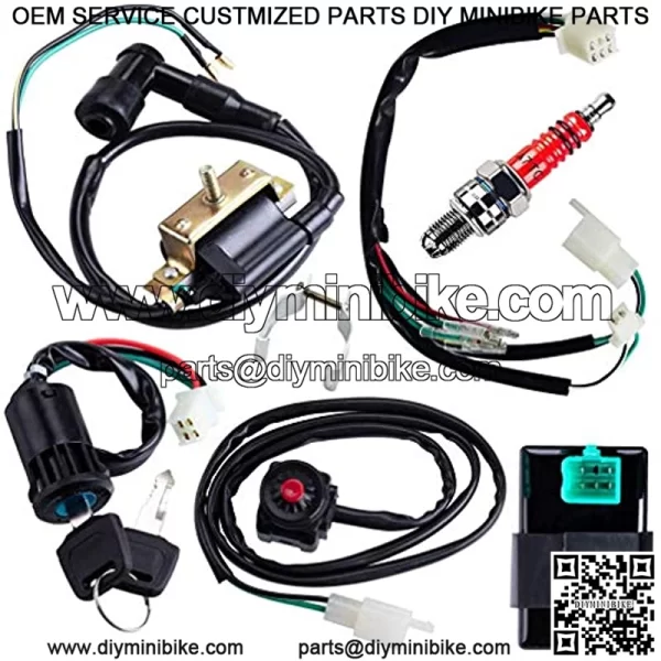 Wiring Loom Harness Kill Switch Key Switch 2-Wire Ignition Coil CDI Box Spark Plug Rebuild Kit for 50CC 70CC 90CC 110CC-160CC Kick Start Dirt Pit Bike ATV Buggy Go Kart Wire Harness