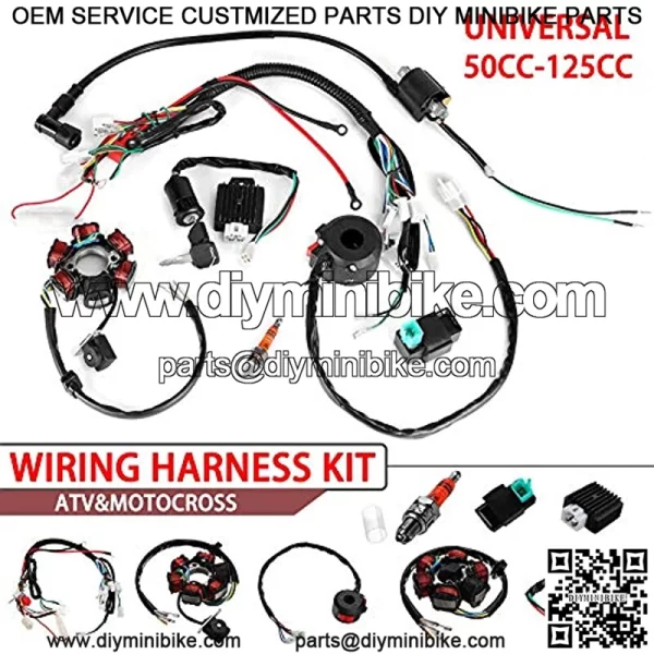 Hasde Wire Harness Wiring Loom CDI Ignition Coil Spark Plug Rebuild Kit for 50cc 70cc 90cc 110cc 125cc ATV Electric Stator CDI Coil ATV Quad Bike Buggy Go Kart