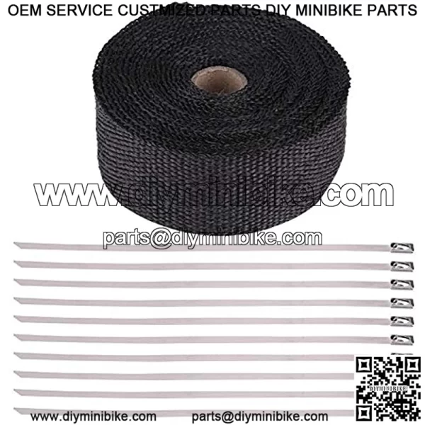 Exhaust Pipe Wrap, Black Exhaust Heat Wrap, Fiberglass Heat Shield Tape with 10 Stainless Ties for Motorcycles, Muscle Car, Vintage Car, ATV, Go Kart