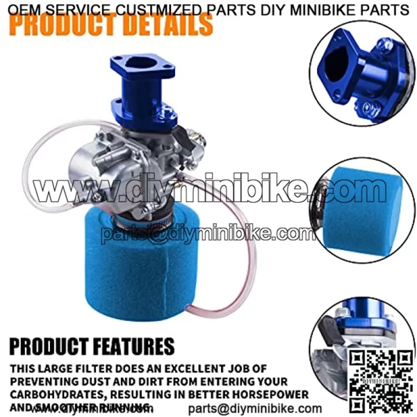 VM22 Racing Performance Mikuni Carburetor Carb Mainfold Intake Pipe Air Filter Fit For Predator 212cc GX160 Honda GX200 CT200U 196cc KT196 Clones Go Kart Mini Bike Race Kart (Blue) - Image 3