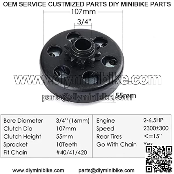 Minibike Centrifugal Go Kart Clutch 3/4" Bore 10 Tooth 10T Fit for #40/41/420 Chain 6.5HP (3/4 10T)